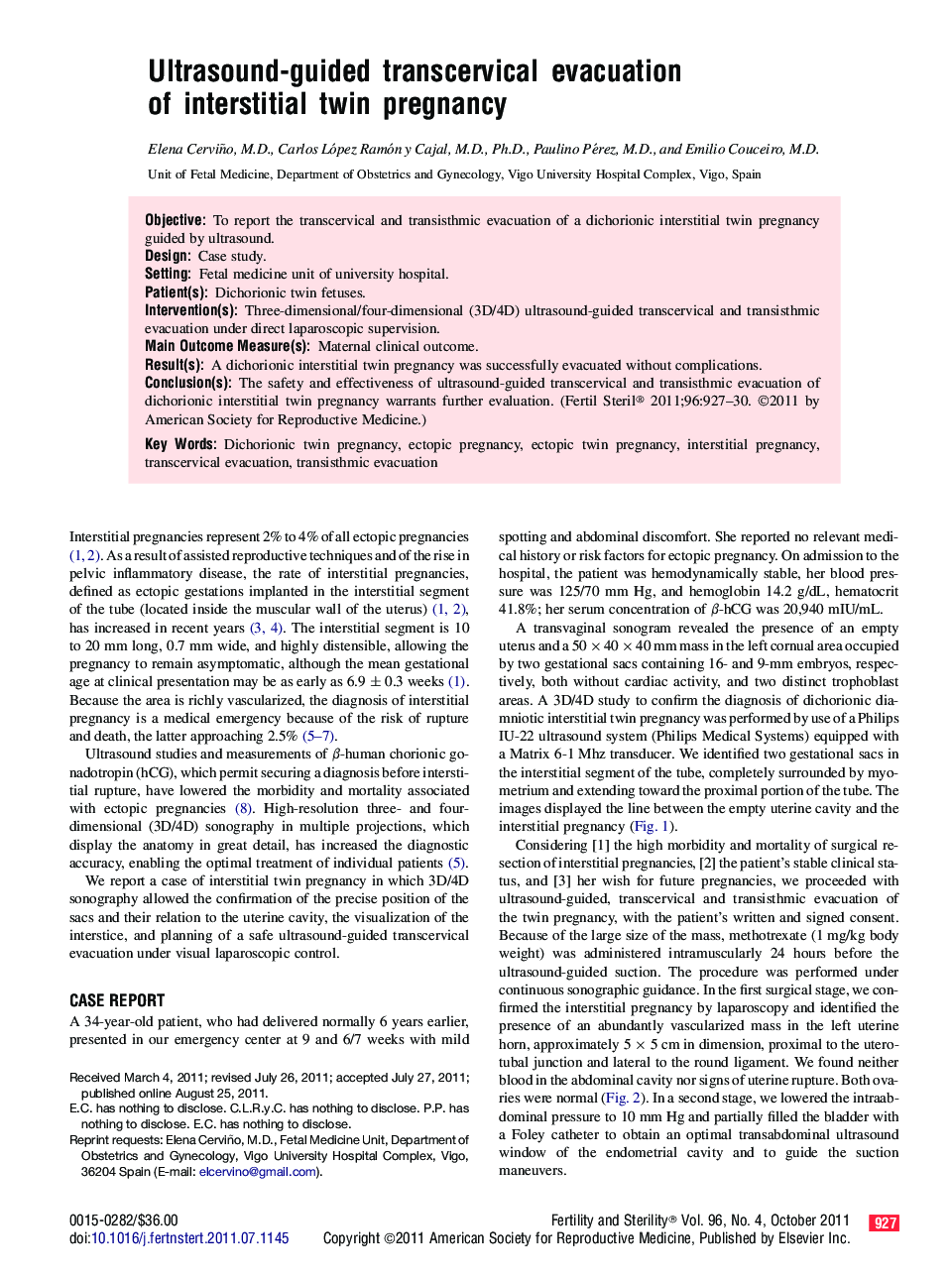 Ultrasound-guided transcervical evacuation of interstitial twin pregnancy 