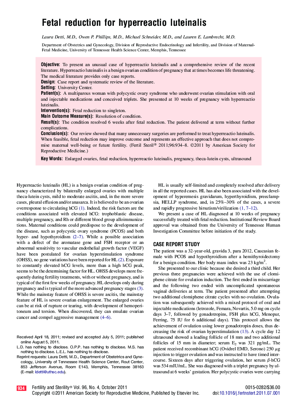 Fetal reduction for hyperreactio luteinalis 