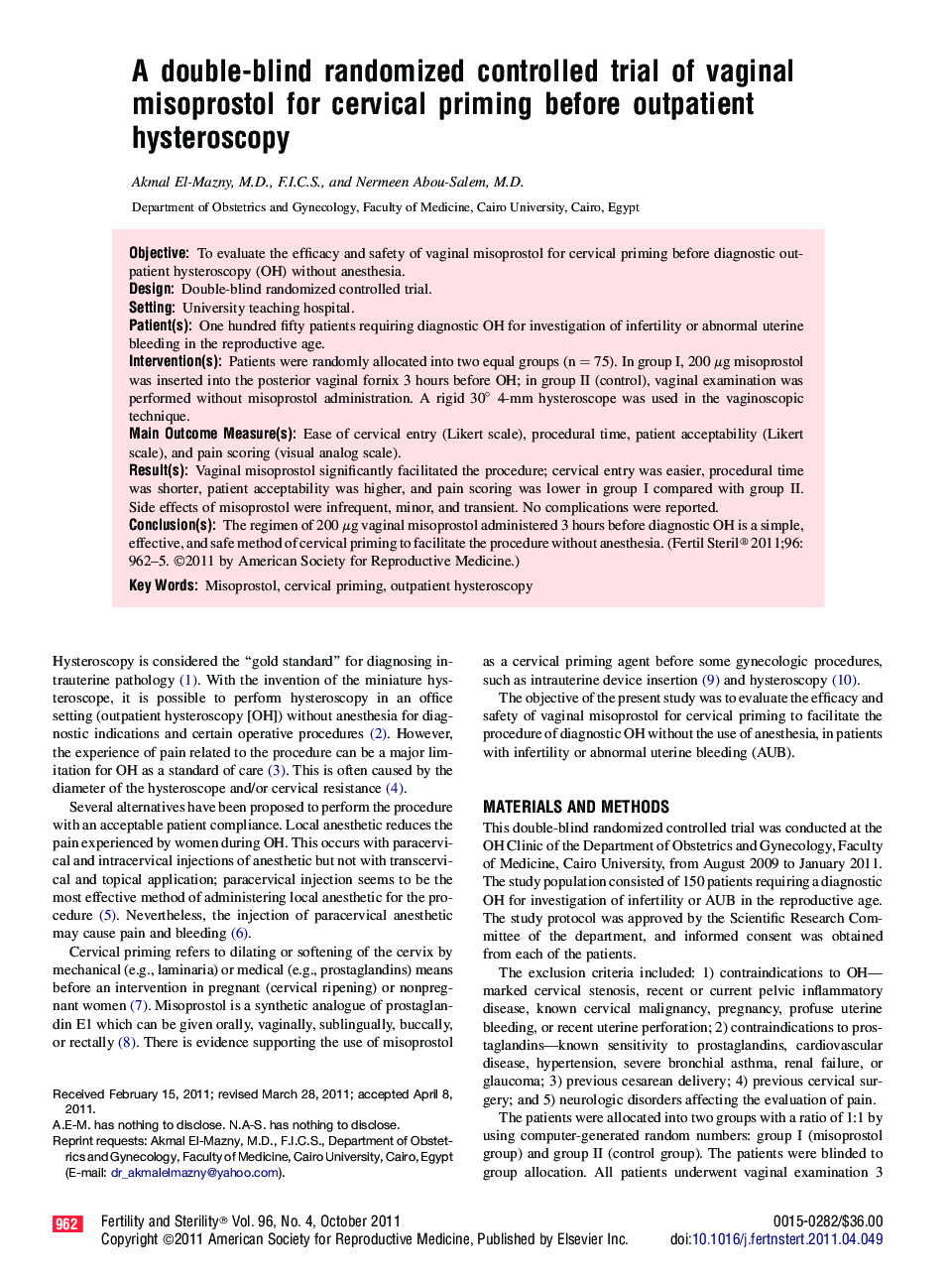 A double-blind randomized controlled trial of vaginal misoprostol for cervical priming before outpatient hysteroscopy 