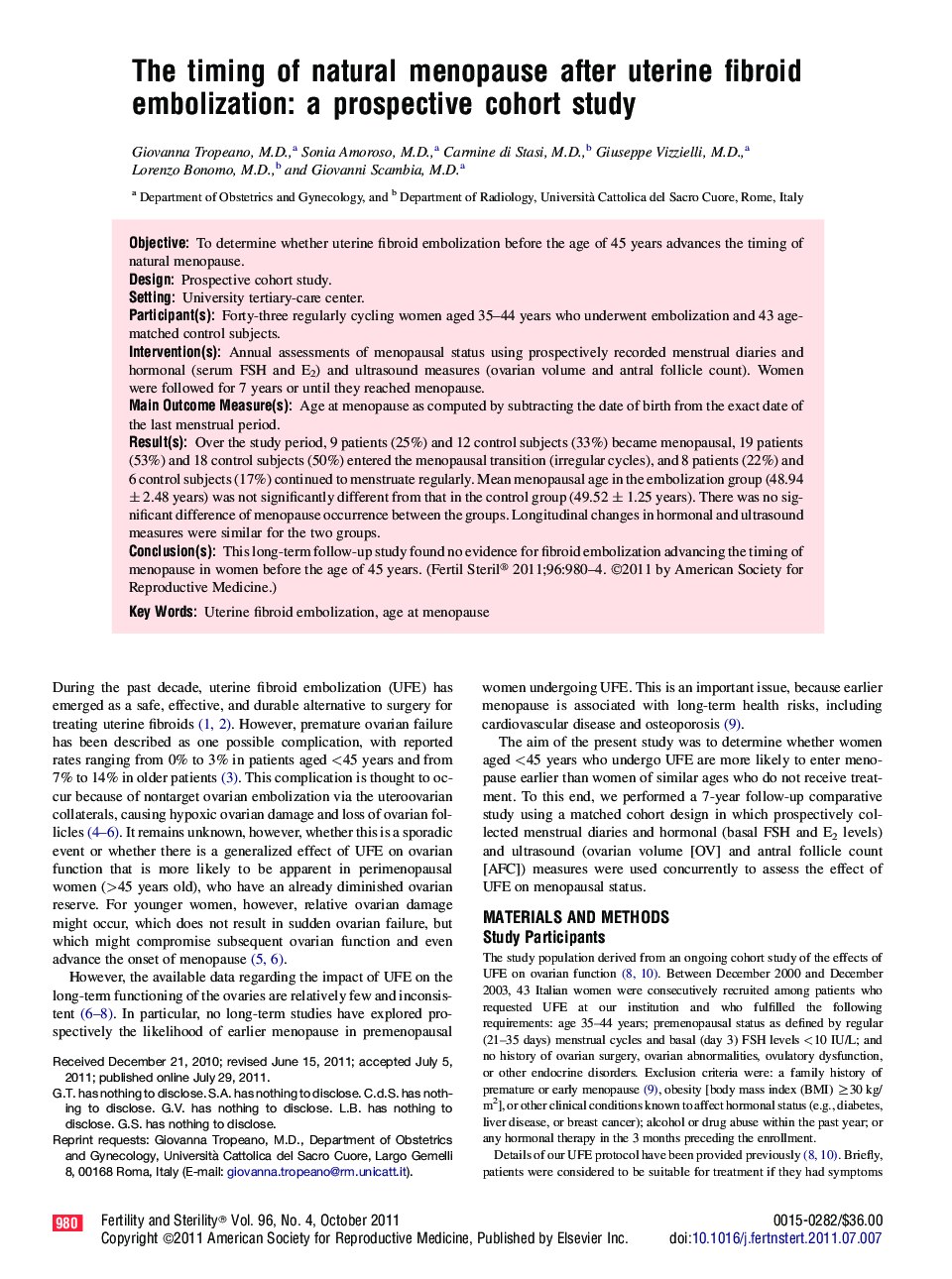 The timing of natural menopause after uterine fibroid embolization: a prospective cohort study 