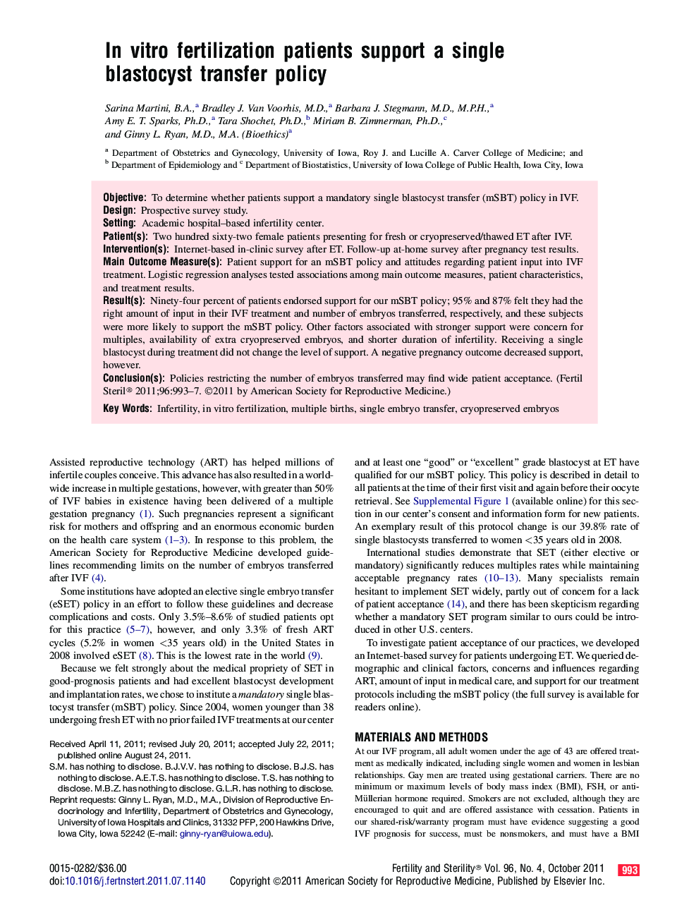 InÂ vitro fertilization patients support a single blastocyst transfer policy