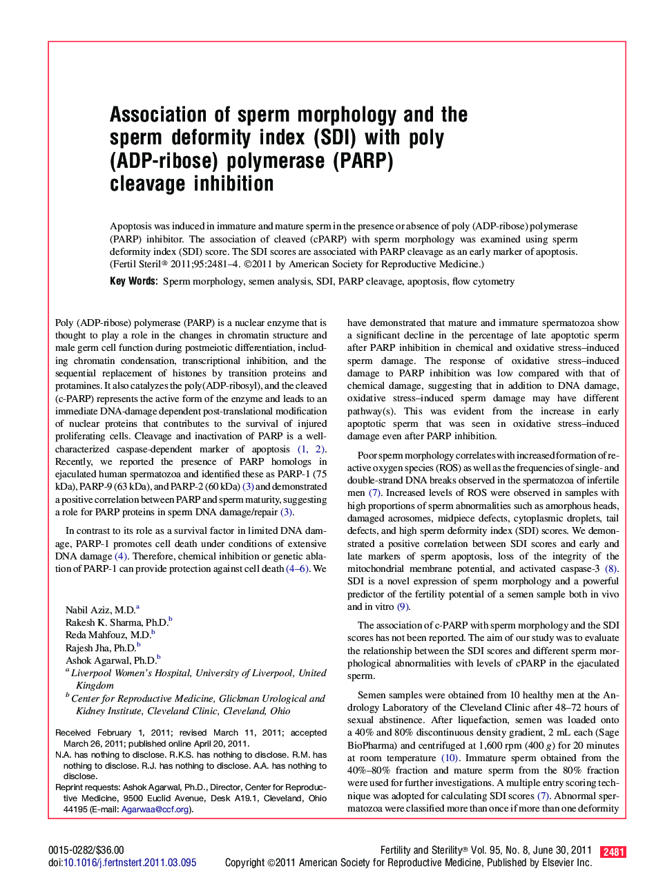 Association of sperm morphology and the sperm deformity index (SDI) with poly (ADP-ribose) polymerase (PARP) cleavage inhibition 