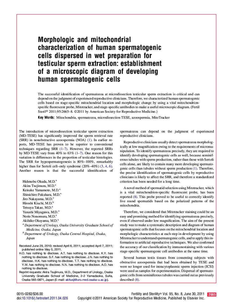 Morphologic and mitochondrial characterization of human spermatogenic cells dispersed in wet preparation for testicular sperm extraction: establishment of a microscopic diagram of developing human spermatogenic cells 