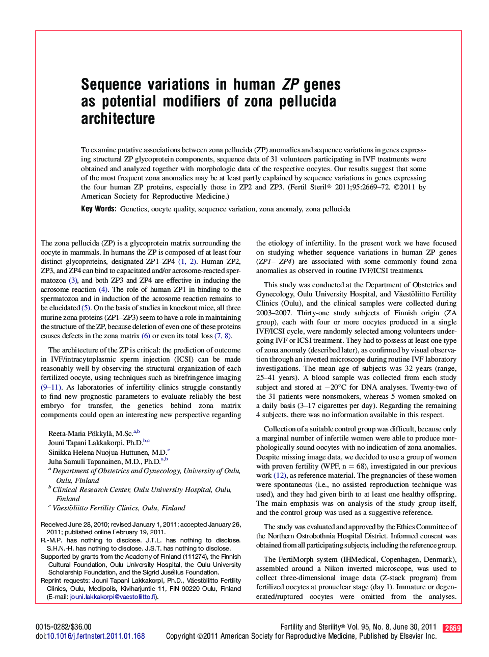 Sequence variations in human ZP genes as potential modifiers of zona pellucida architecture 