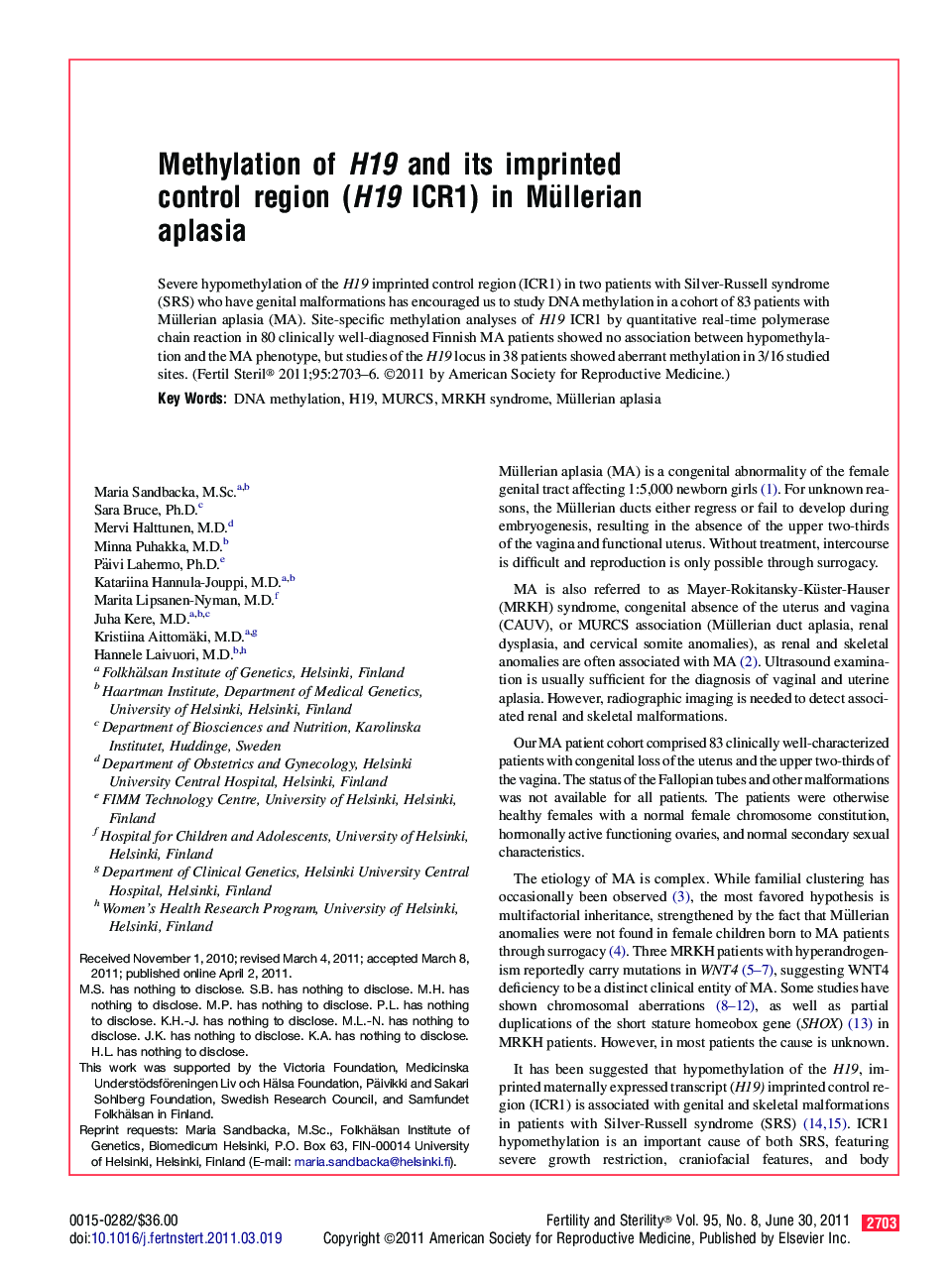 Methylation of H19 and its imprinted control region (H19 ICR1) in Müllerian aplasia 