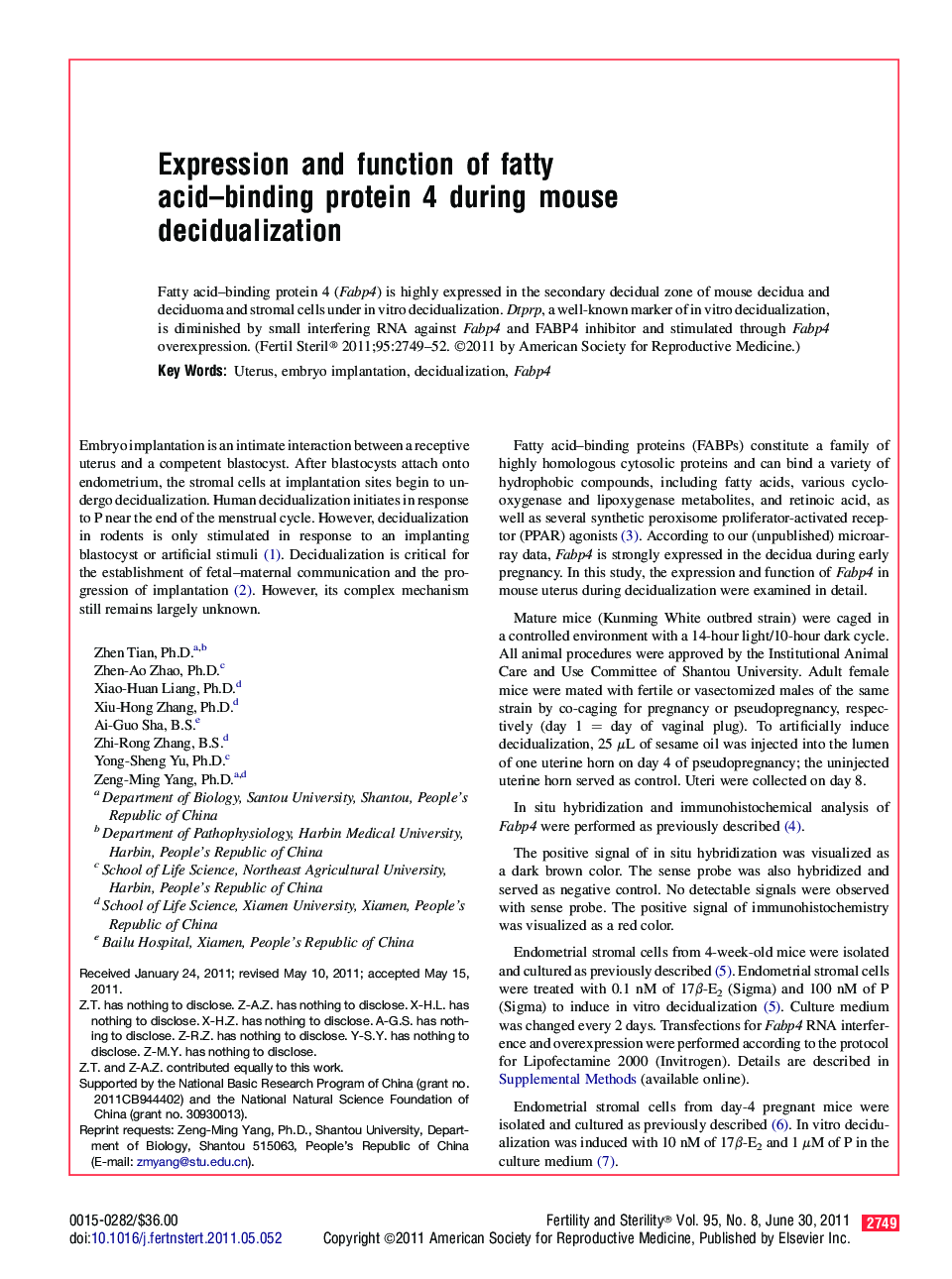 Expression and function of fatty acid-binding protein 4 during mouse decidualization