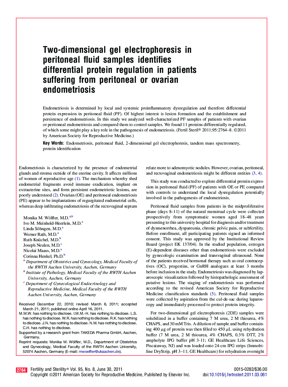 Two-dimensional gel electrophoresis in peritoneal fluid samples identifies differential protein regulation in patients suffering from peritoneal or ovarian endometriosis 