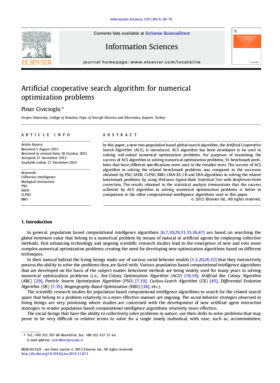 Artificial cooperative search algorithm for numerical optimization problems