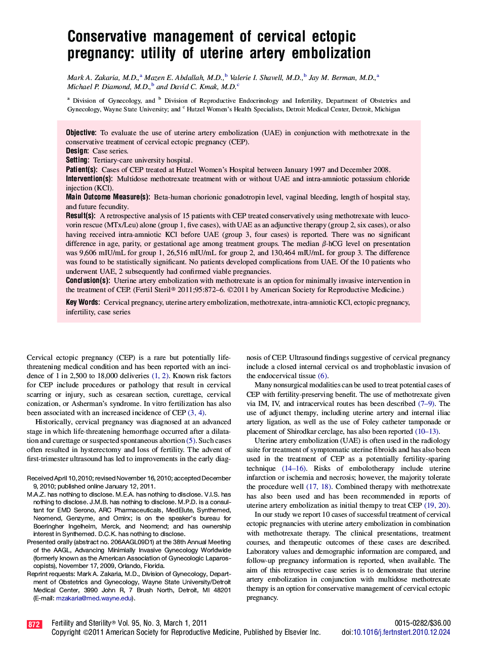 Conservative management of cervical ectopic pregnancy: utility of uterine artery embolization 