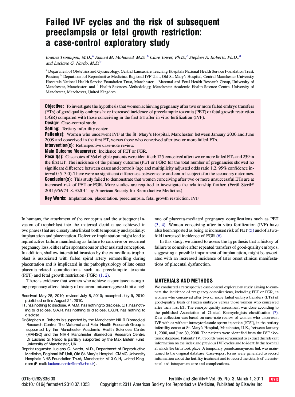 Failed IVF cycles and the risk of subsequent preeclampsia or fetal growth restriction: a case-control exploratory study 