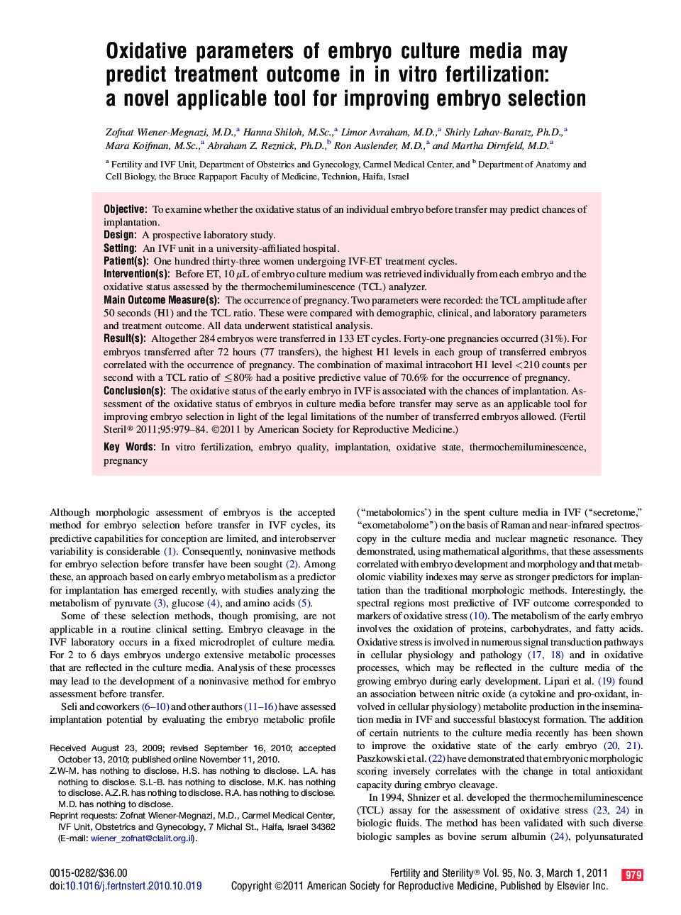 Oxidative parameters of embryo culture media may predict treatment outcome in in vitro fertilization: a novel applicable tool for improving embryo selection 