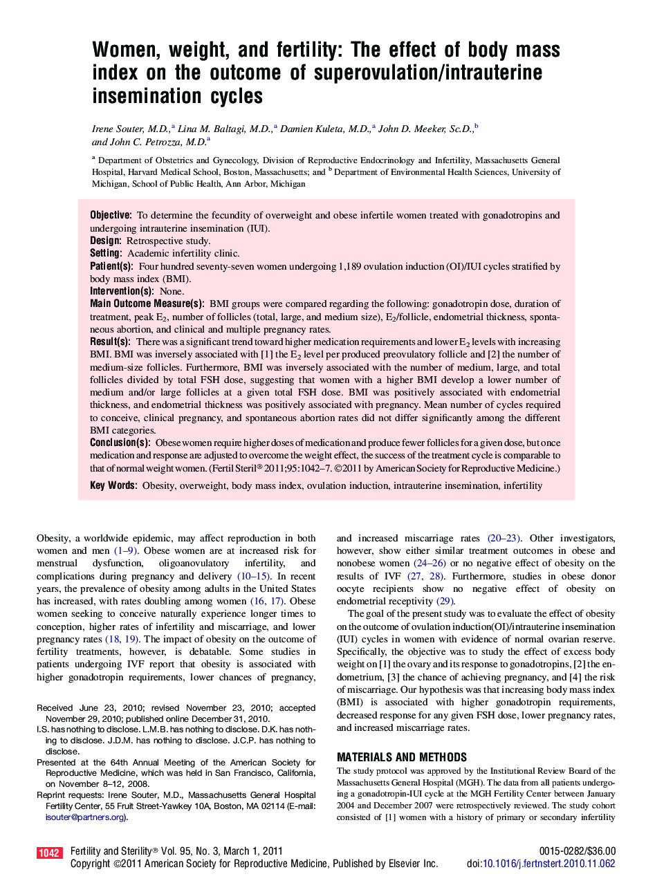 Women, weight, and fertility: The effect of body mass index on the outcome of superovulation/intrauterine insemination cycles 