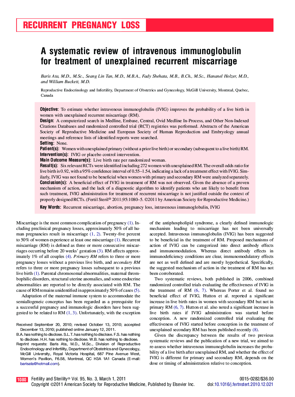 A systematic review of intravenous immunoglobulin for treatment of unexplained recurrent miscarriage