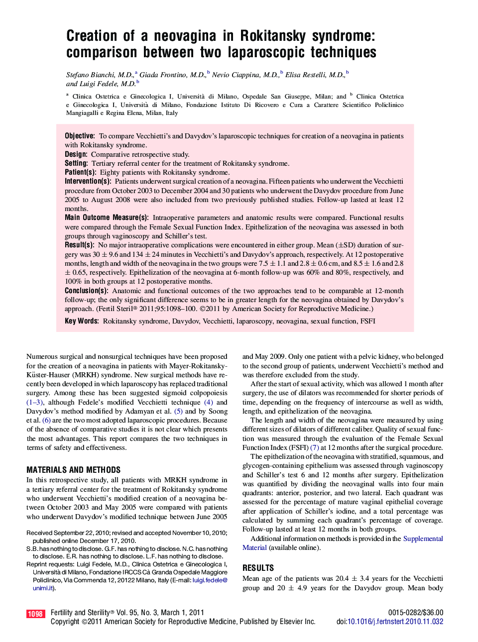 Creation of a neovagina in Rokitansky syndrome: comparison between two laparoscopic techniques