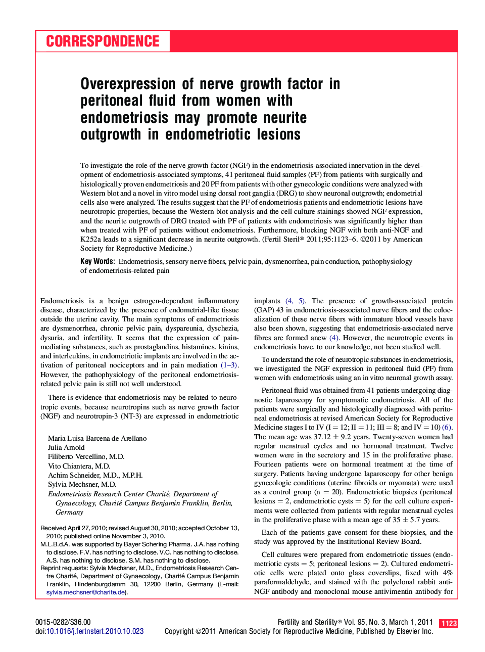 Overexpression of nerve growth factor in peritoneal fluid from women with endometriosis may promote neurite outgrowth in endometriotic lesions 