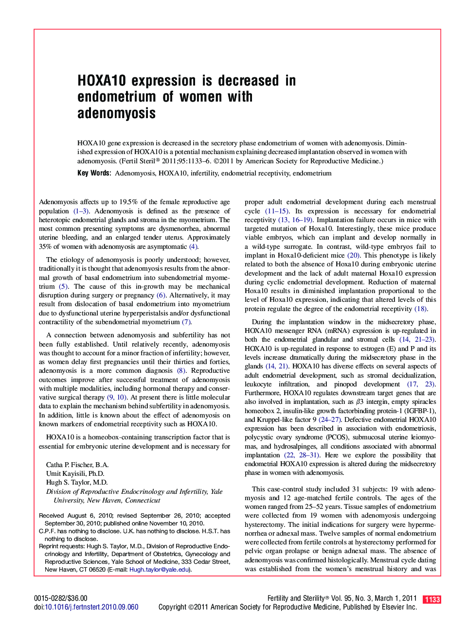 HOXA10 expression is decreased in endometrium of women with adenomyosis 