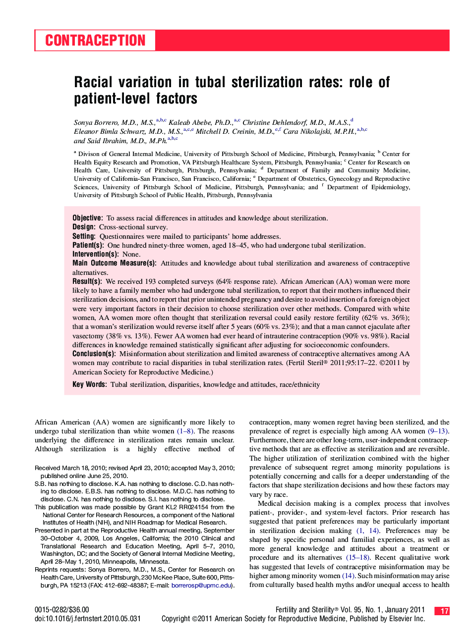 Racial variation in tubal sterilization rates: role of patient-level factors 