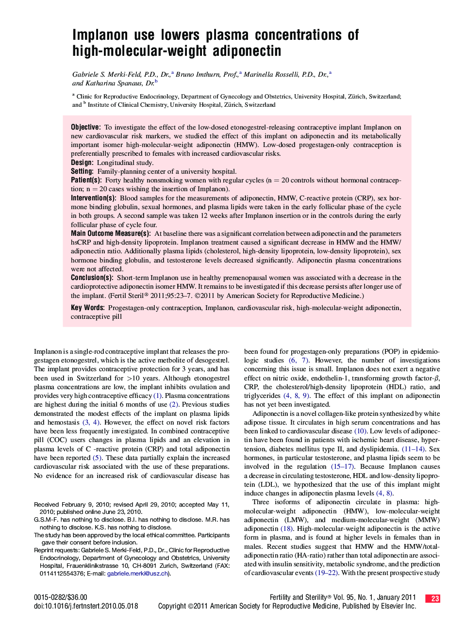 Implanon use lowers plasma concentrations of high-molecular-weight adiponectin