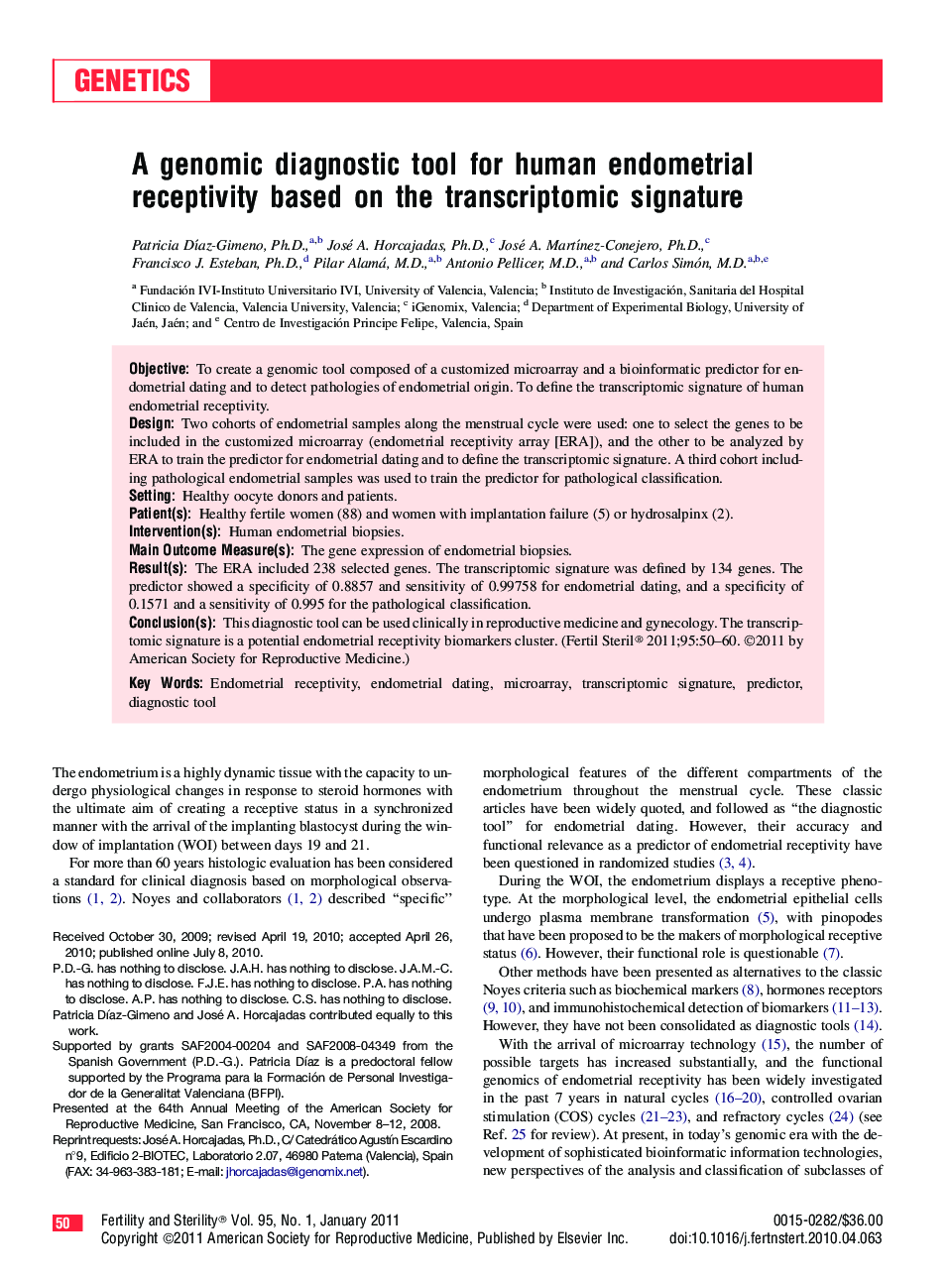 A genomic diagnostic tool for human endometrial receptivity based on the transcriptomic signature