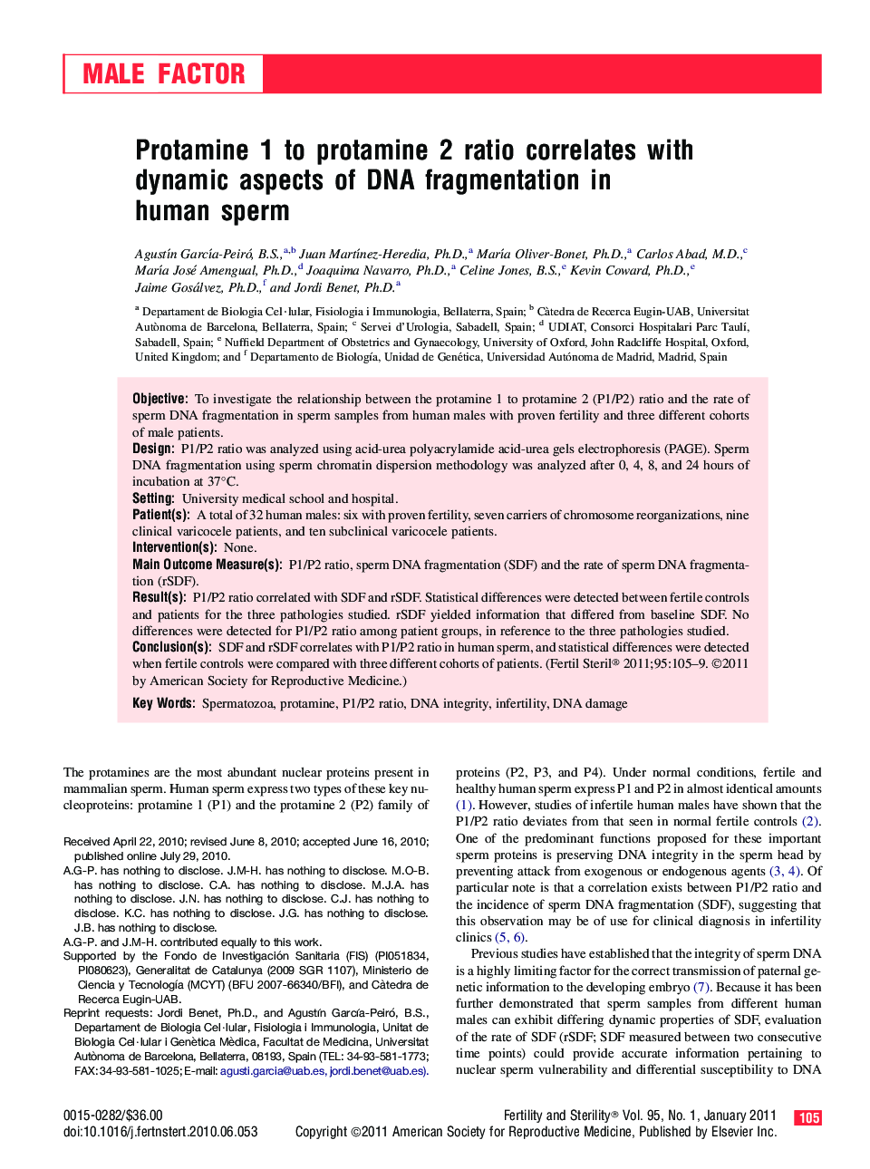 Protamine 1 to protamine 2 ratio correlates with dynamic aspects of DNA fragmentation in human sperm 