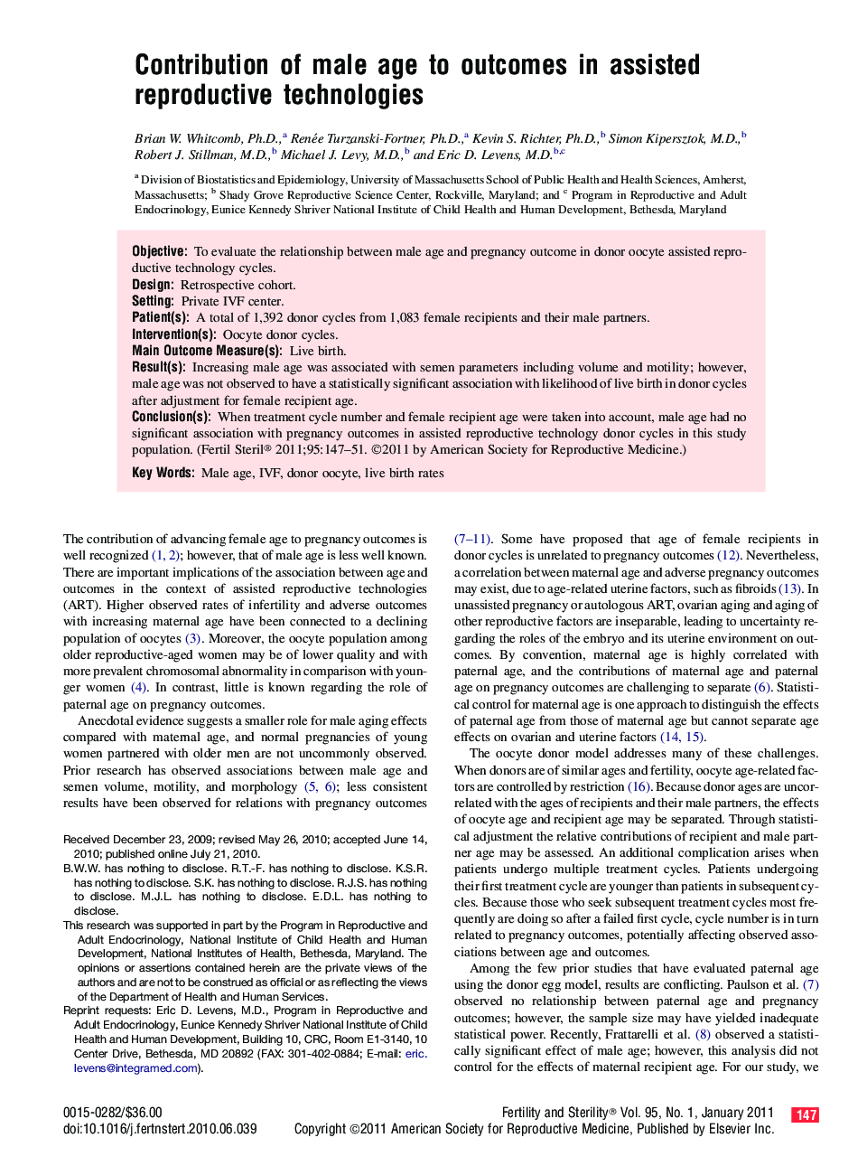 Contribution of male age to outcomes in assisted reproductive technologies 