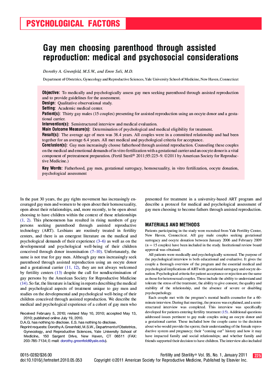 Gay men choosing parenthood through assisted reproduction: medical and psychosocial considerations 