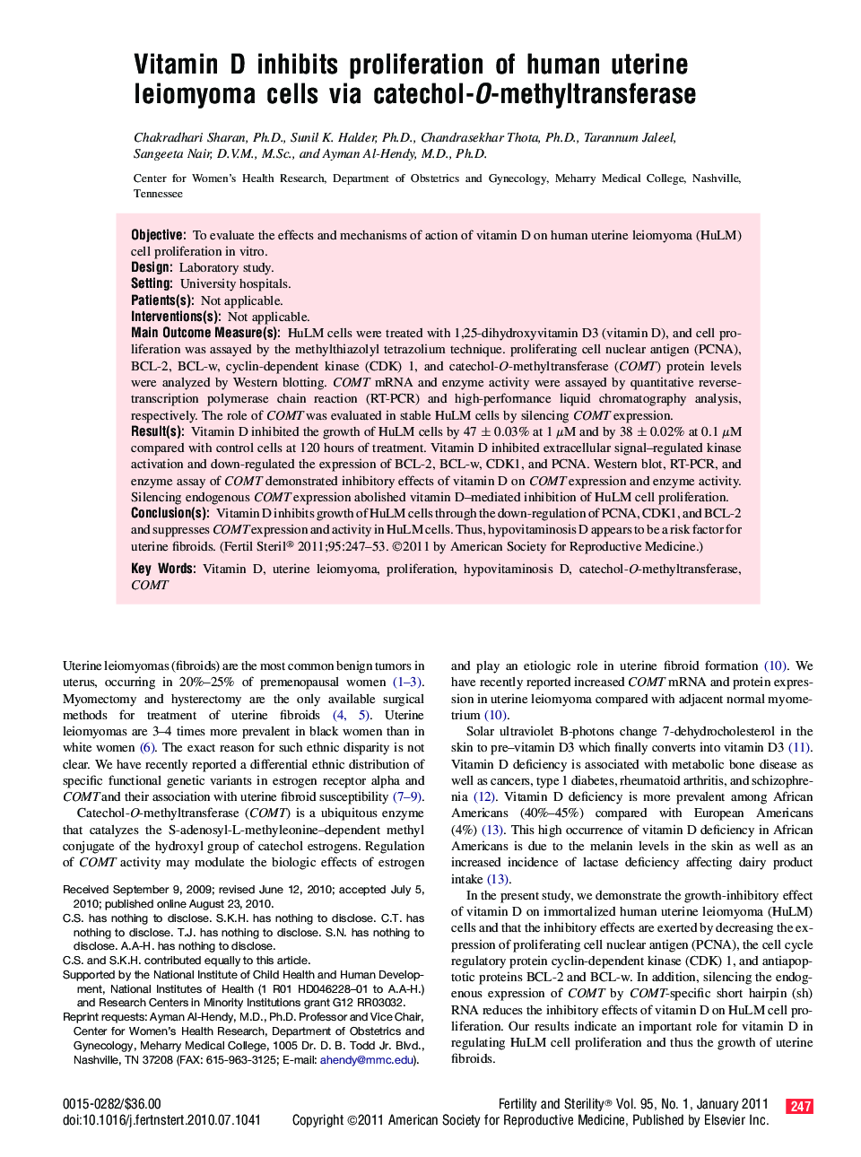 Vitamin D inhibits proliferation of human uterine leiomyoma cells via catechol-O-methyltransferase 