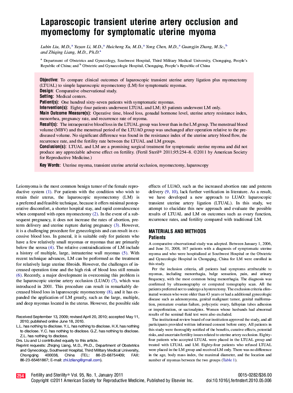 Laparoscopic transient uterine artery occlusion and myomectomy for symptomatic uterine myoma 