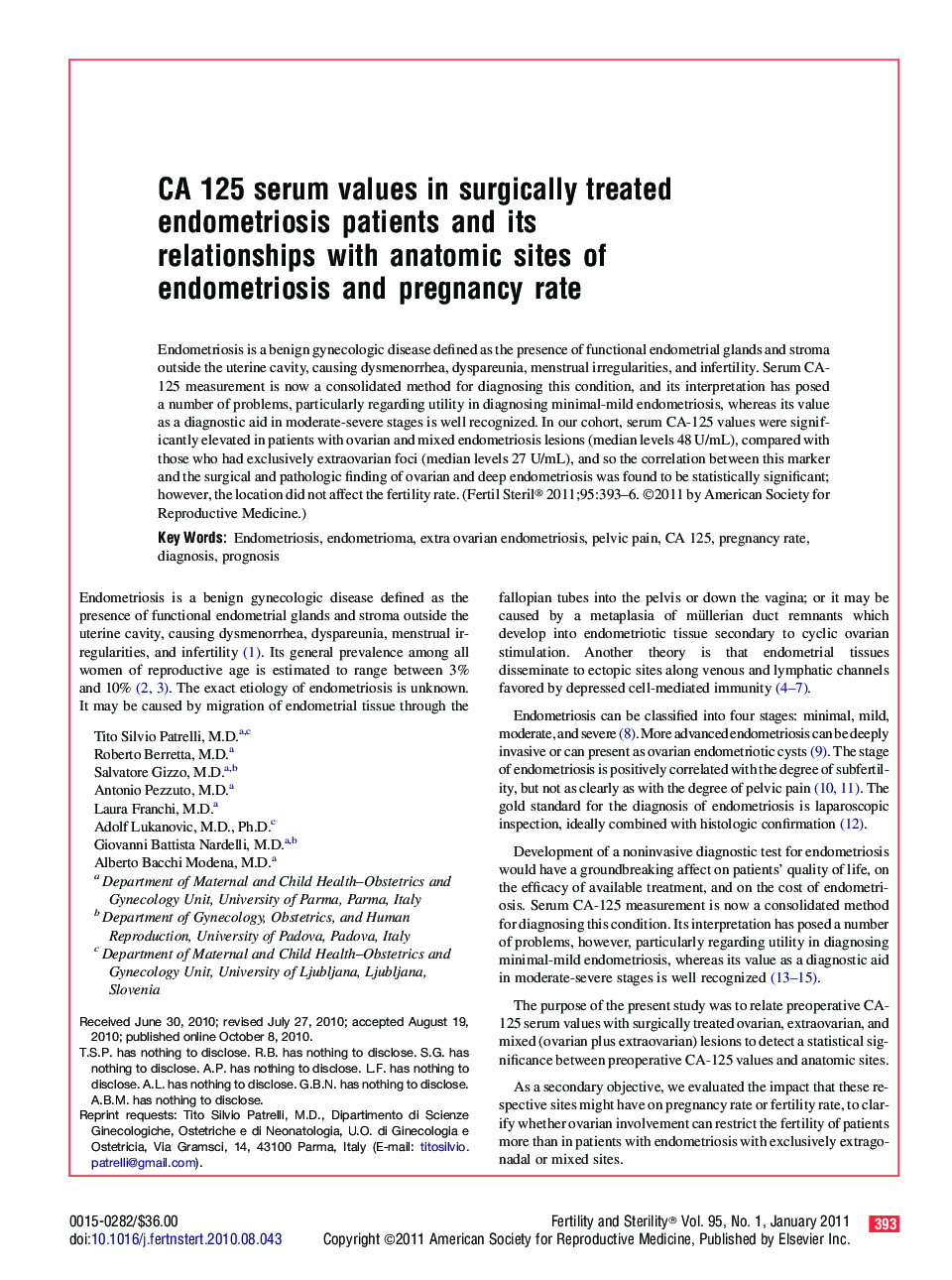 CA 125 serum values in surgically treated endometriosis patients and its relationships with anatomic sites of endometriosis and pregnancy rate 