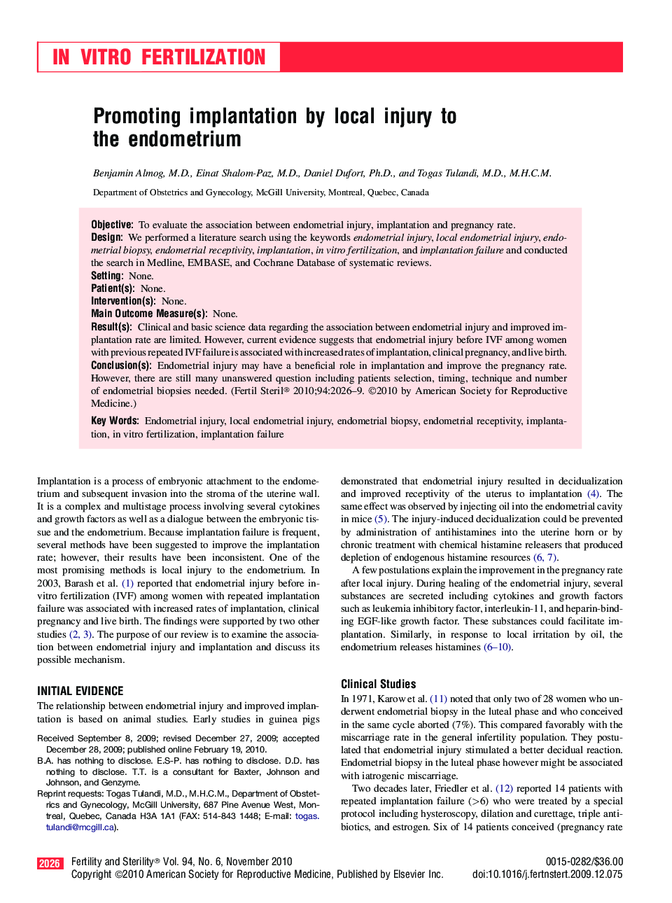 Promoting implantation by local injury to the endometrium 