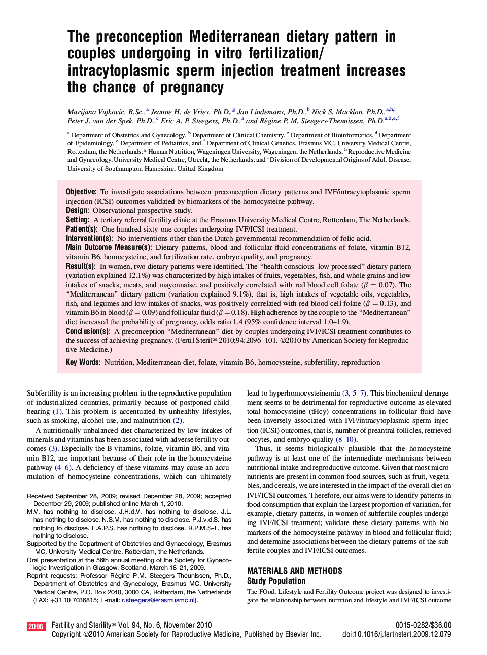 The preconception Mediterranean dietary pattern in couples undergoing in vitro fertilization/intracytoplasmic sperm injection treatment increases the chance of pregnancy 