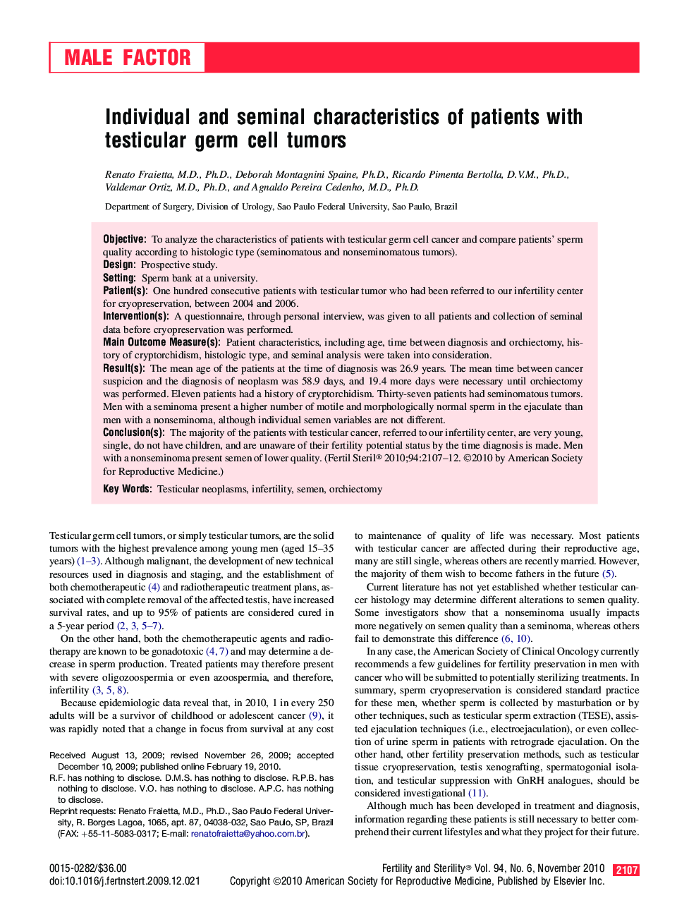 Individual and seminal characteristics of patients with testicular germ cell tumors 