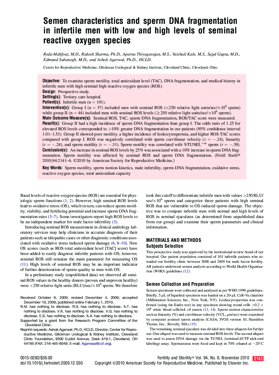 Semen characteristics and sperm DNA fragmentation in infertile men with low and high levels of seminal reactive oxygen species 