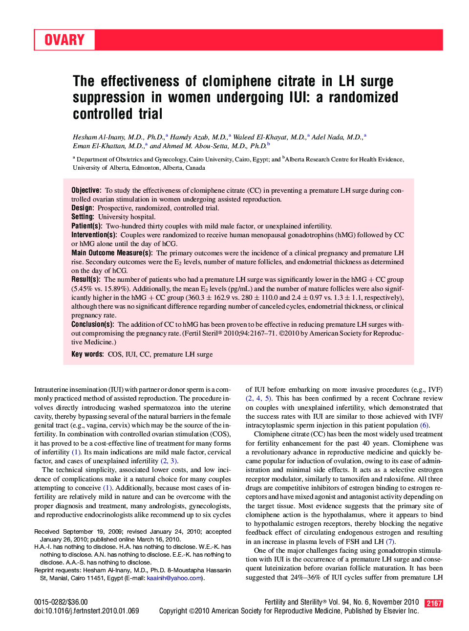 The effectiveness of clomiphene citrate in LH surge suppression in women undergoing IUI: a randomized controlled trial 