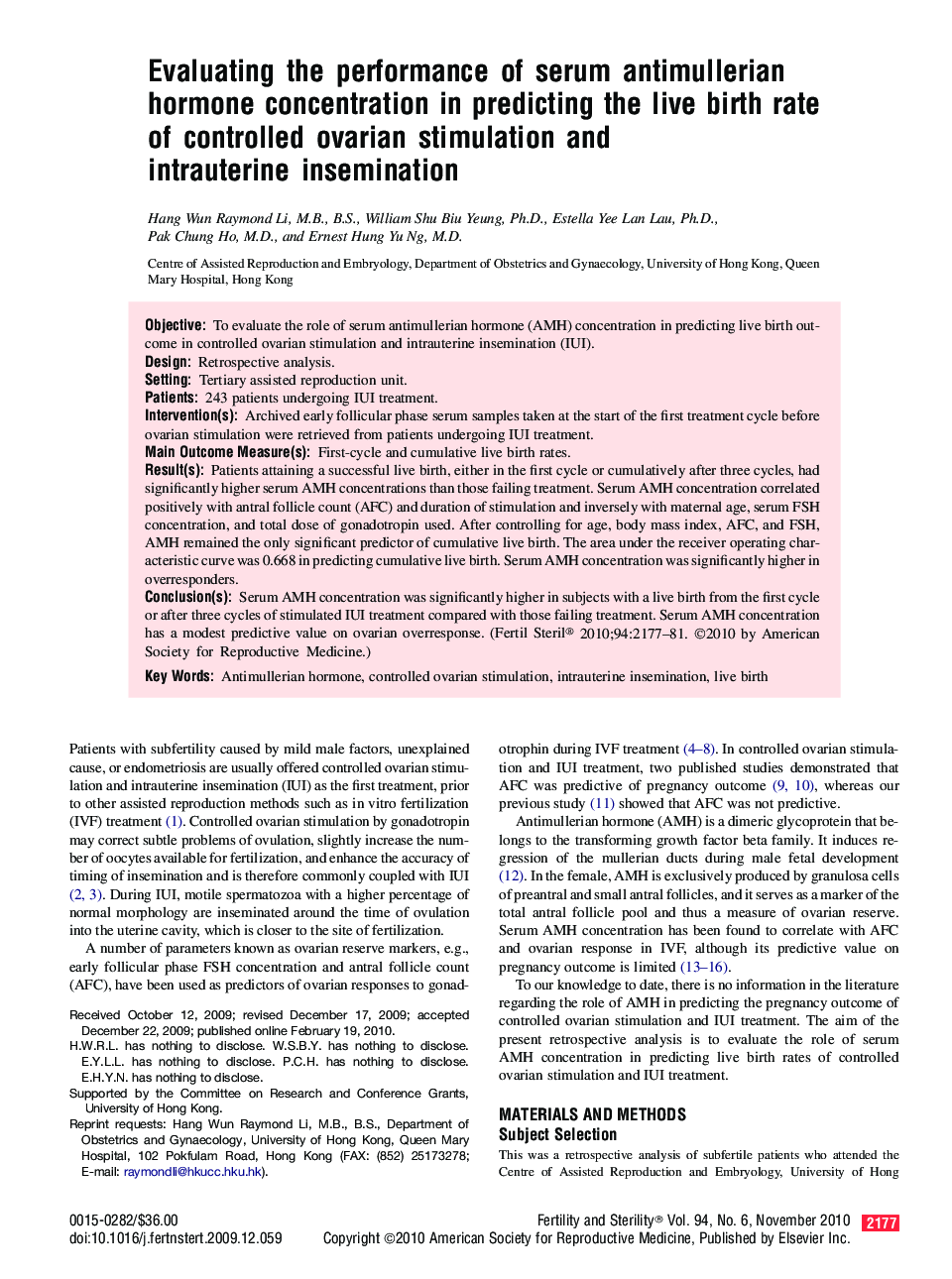 Evaluating the performance of serum antimullerian hormone concentration in predicting the live birth rate of controlled ovarian stimulation and intrauterine insemination 