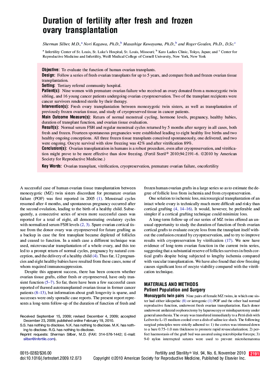 Duration of fertility after fresh and frozen ovary transplantation 