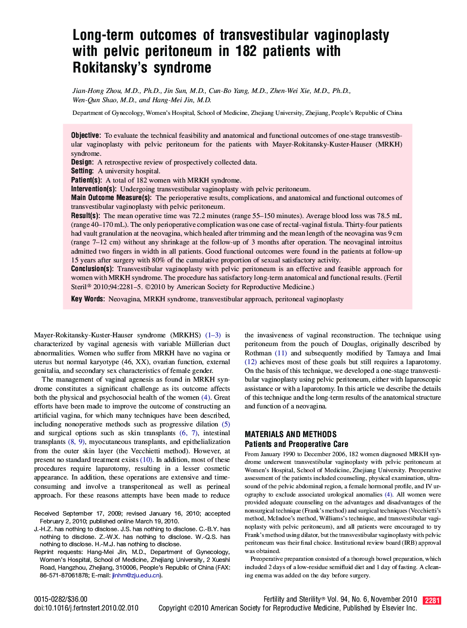 Long-term outcomes of transvestibular vaginoplasty with pelvic peritoneum in 182 patients with Rokitansky's syndrome 