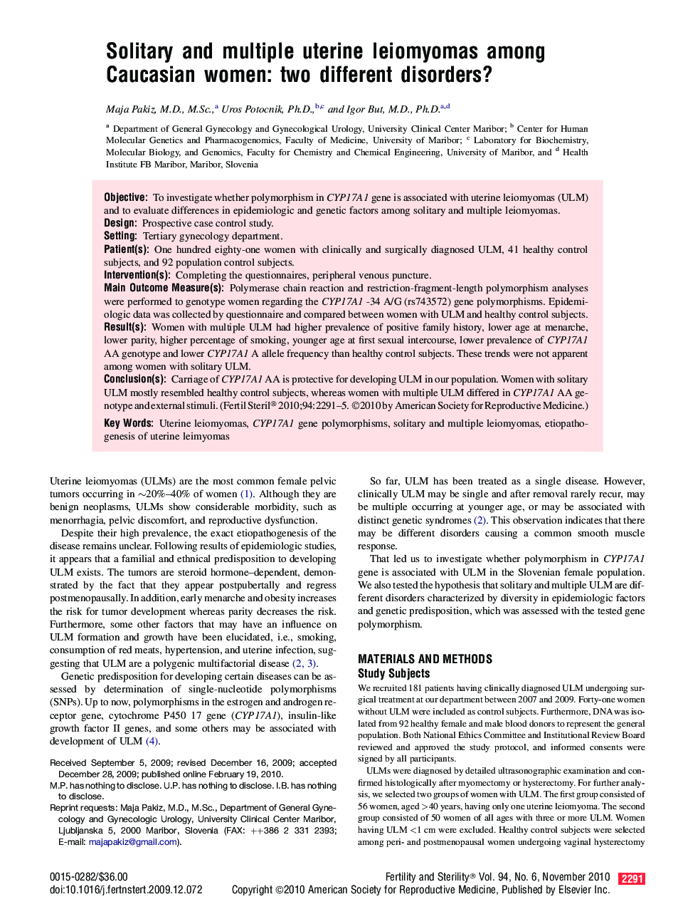 Solitary and multiple uterine leiomyomas among Caucasian women: two different disorders? 