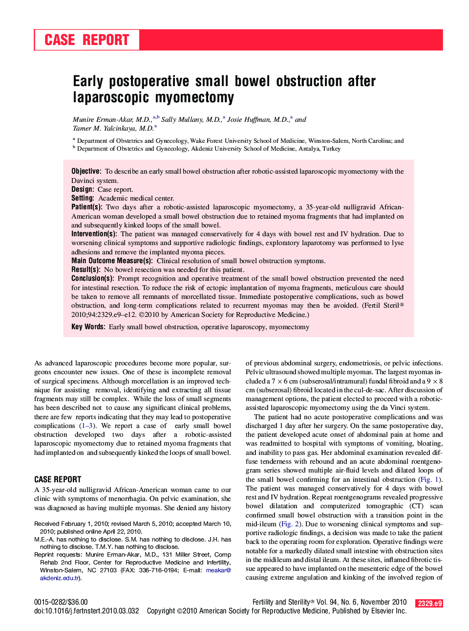 Early postoperative small bowel obstruction after laparoscopic myomectomy