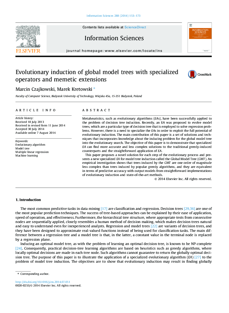 Evolutionary induction of global model trees with specialized operators and memetic extensions