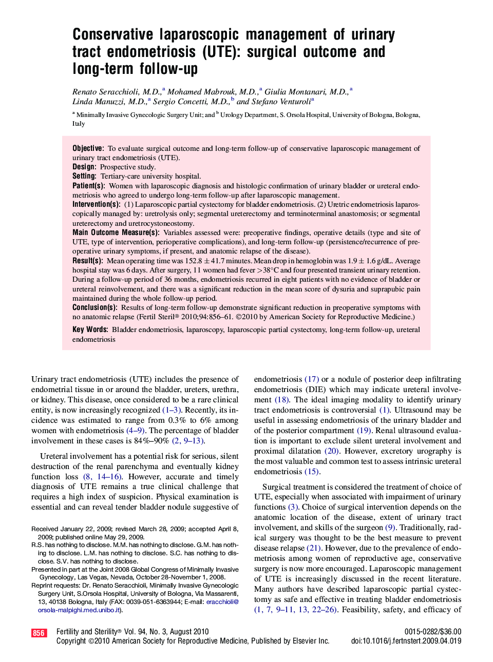 Conservative laparoscopic management of urinary tract endometriosis (UTE): surgical outcome and long-term follow-up 