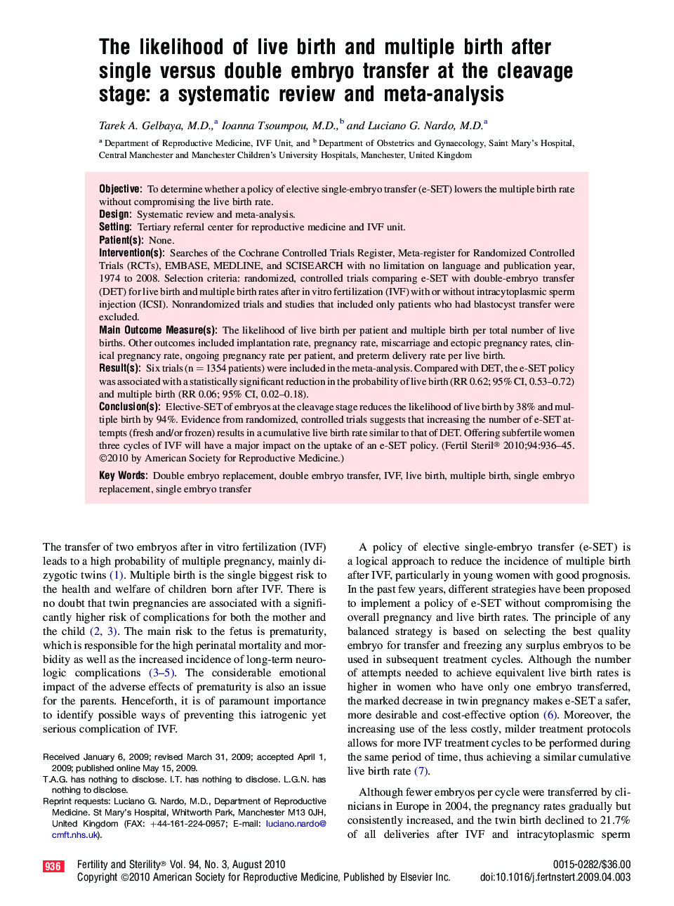 The likelihood of live birth and multiple birth after single versus double embryo transfer at the cleavage stage: a systematic review and meta-analysis 