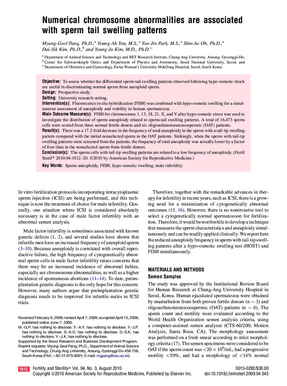 Numerical chromosome abnormalities are associated with sperm tail swelling patterns 