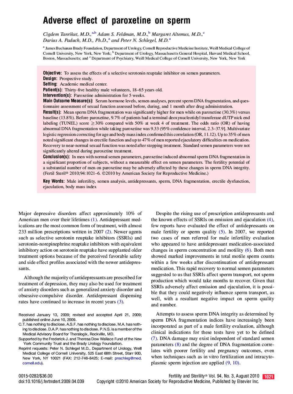 Adverse effect of paroxetine on sperm 