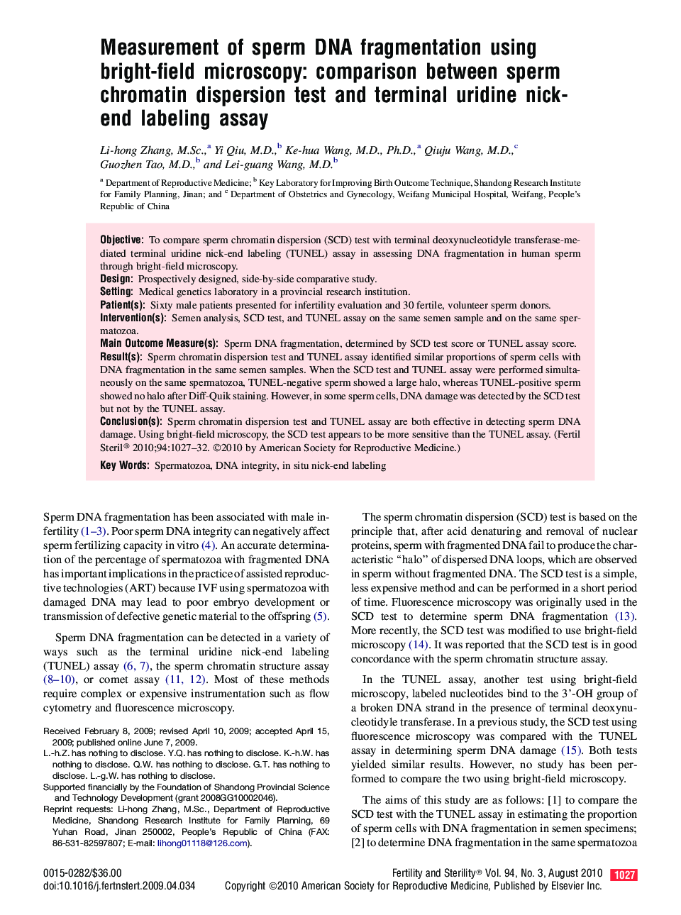 Measurement of sperm DNA fragmentation using bright-field microscopy: comparison between sperm chromatin dispersion test and terminal uridine nick-end labeling assay 