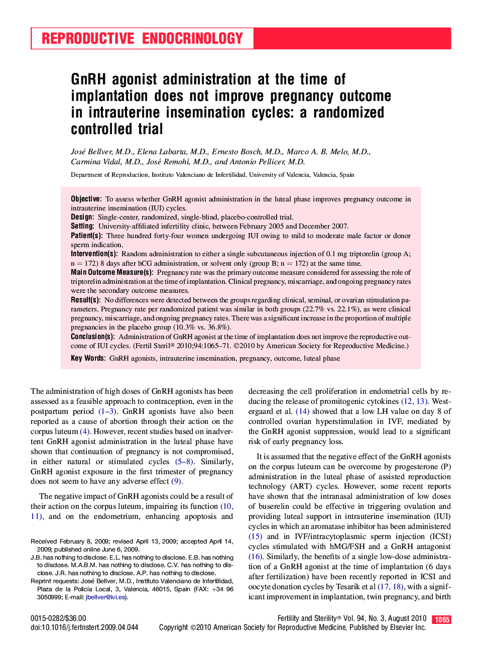 GnRH agonist administration at the time of implantation does not improve pregnancy outcome in intrauterine insemination cycles: a randomized controlled trial 