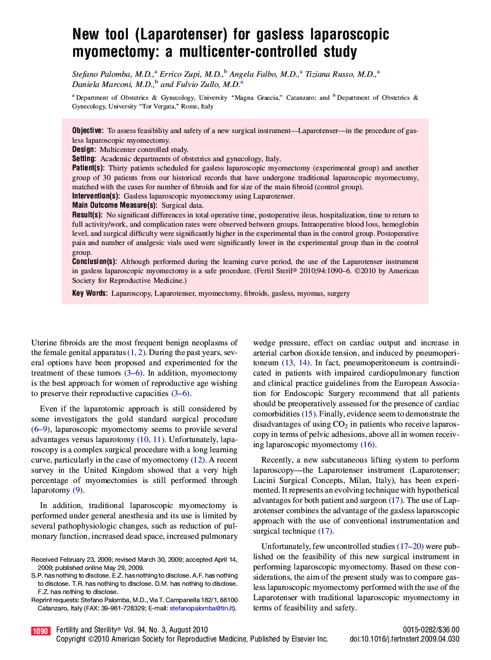 New tool (Laparotenser) for gasless laparoscopic myomectomy: a multicenter-controlled study 