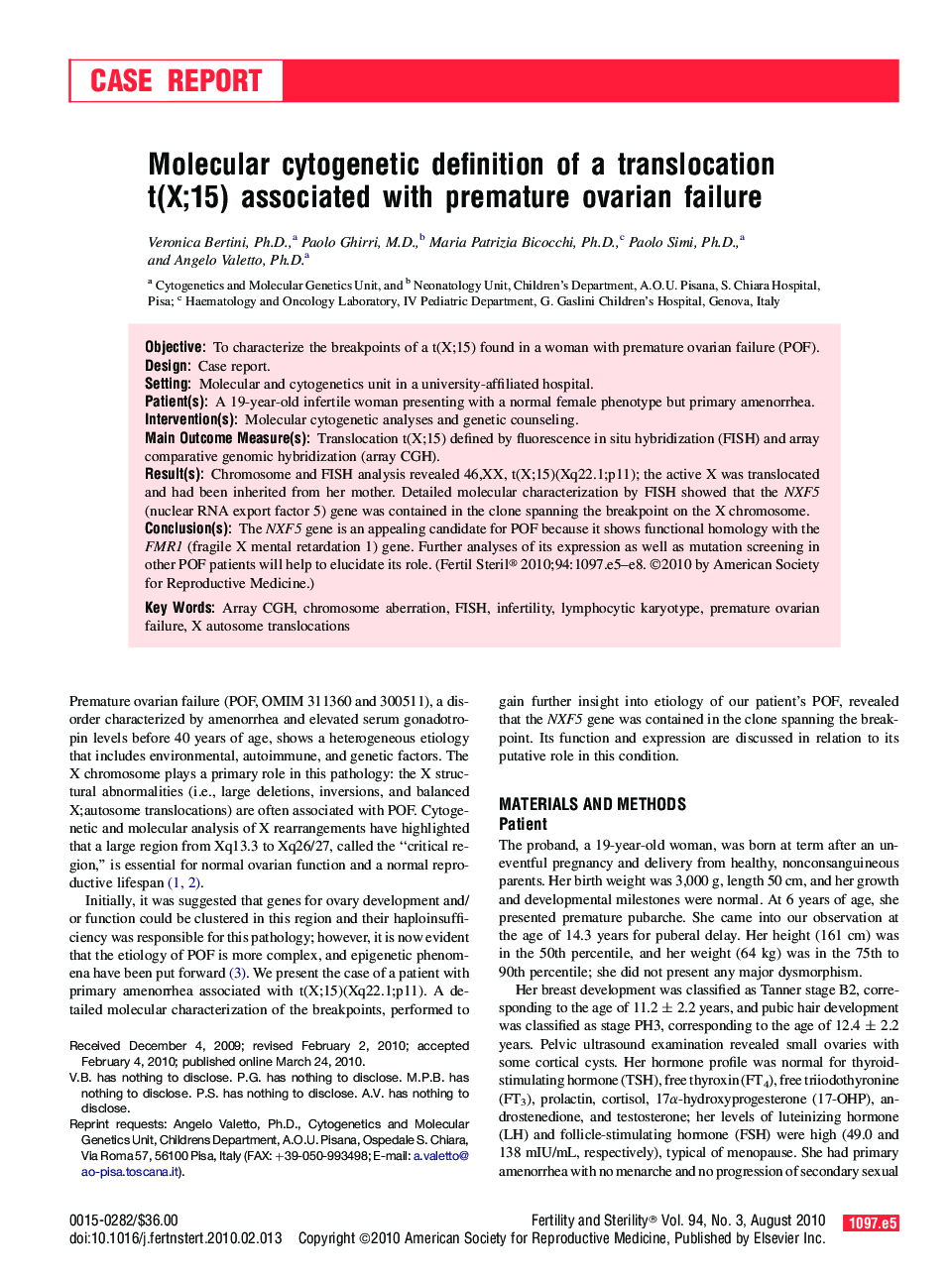 Molecular cytogenetic definition of a translocation t(X;15) associated with premature ovarian failure