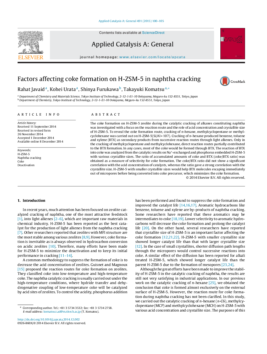 Factors affecting coke formation on H-ZSM-5 in naphtha cracking