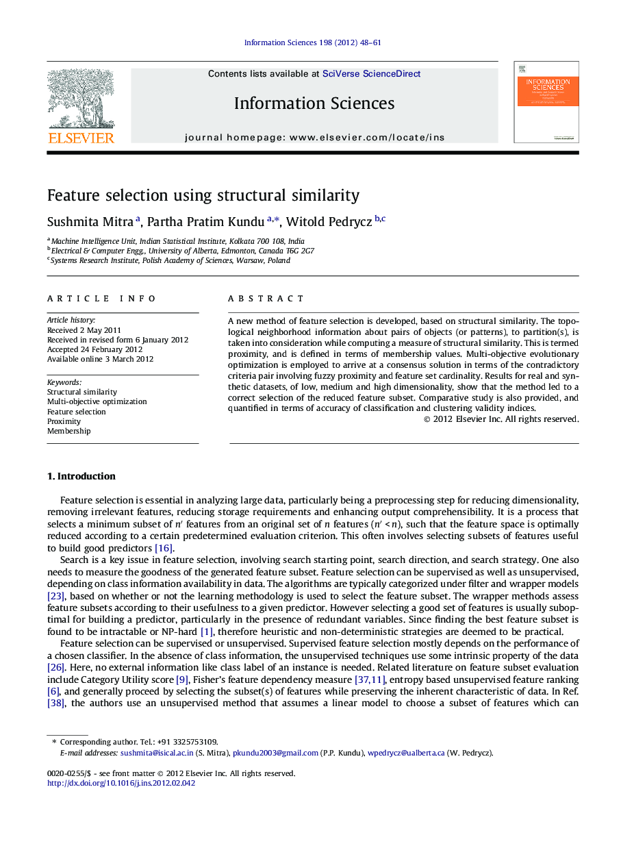 Feature selection using structural similarity